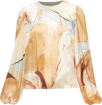 Aje AJE 2018 100% silk beige blue abstract brush print puff sleeve top UK6 XS