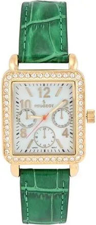 Peugeot European Crystal Square Tank Watch- 35x30MM in Green at Nordstrom