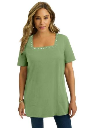 Jessica London Stretch Cotton Studded Square Neck Tunic in Green Silver Stud at Nordstrom, Size Medium