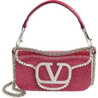 Valentino Garavani Loc&ograve; Crystal Embellished Beaded Shoulder Bag in Crystal Magenta/Silver/Pink at Nordstrom