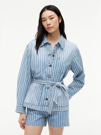 Tommy Hilfiger Womens Railroad Stripe Belted Denim Jacket - Medium Wash - XXL