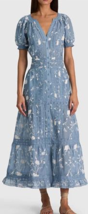 Alice & Olivia Kathryn Midi Shirt Dress In Deep Denim Blue/ Vanilla