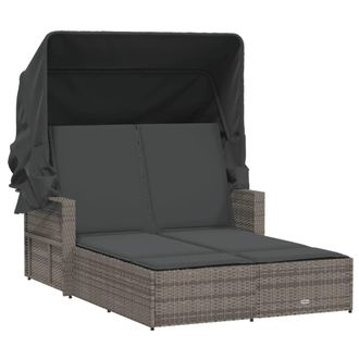 vidaXL Tumbona Doble Con Capota Y Cojines Rat&aacute;n Sint&eacute;tico Gris Vidaxl