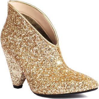 Generic Womens Sequins Sparkly V-Cut Ankle Boots Cone Heel Pointed Toe Slip On Wide Calf Wedding Party Dress Shoes (5.5,Gold)