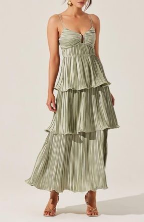 ASTR the Label Lupin Pliss&eacute; Sleeveles Tiered Maxi Dress in Sage at Nordstrom, Size Medium