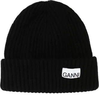 Ganni Black Logo wool beanie
