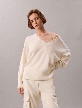 Calvin Klein Womens Wool Blend V-Neck Sweater - White - XL