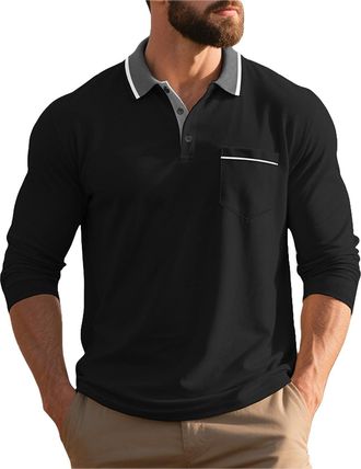 Generic Mens Long Sleeve Polo Shirts Adult Casual Breathable Work Polo Western Clothes England Rugby Tennis Shirts with Pocket Button Down for Men UK Golf Top