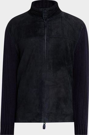 Emporio Armani Mens Suede and Wool-Knit Full-Zip Jacket