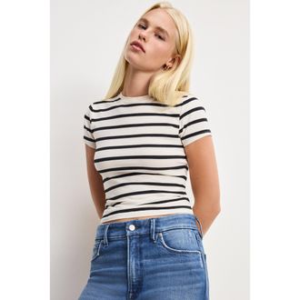 Good American Womens Super Stretch Baby T-Shirt | Black & Ecru Wide Stripe, Size Medium | Good American by Khlo&Egrave; Kardashian