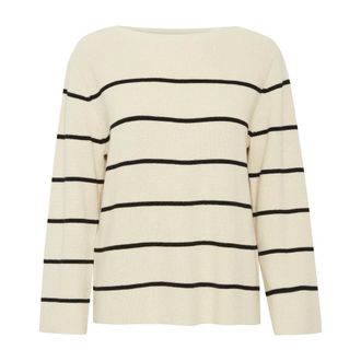 Ichi Gestreepte Amandel Melk Gebreide Trui - Dames - Ronde hals truien - Beige - S - Polyester - Truien & Vesten