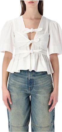 Ganni Washed Cotton Blouse met Strikdetail - Dames - Blouses - Wit - XS - Katoen - Overhemden