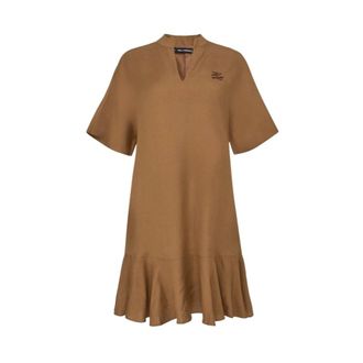 Karl Lagerfeld Linnen en viscose jurk met ruche aan de zoom - Dames - Korte kleedjes - Bruin - S - Linnen - Kleedjes