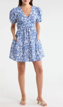 Melrose and Market Puff Sleeve Fit & Flare Minidress in White- Blue Kira Ornate at Nordstrom Rack, Size Medium
