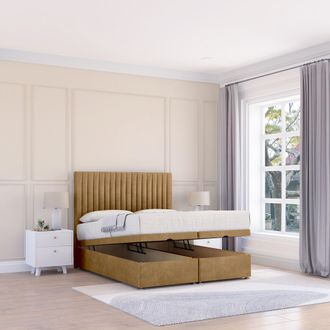 Sloomy Manhattan Plush Fabric Ottoman Bed End Opening With Sprung Memory Mattress & 26 Inch strut Headboard in Light Brown | Size: Single