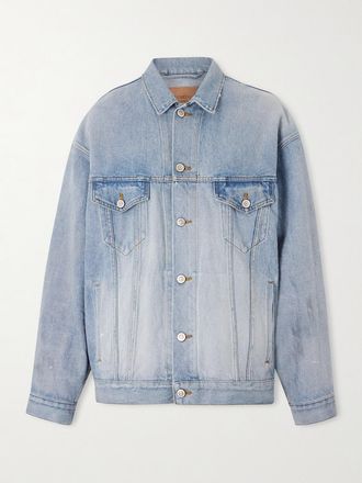 Balenciaga Giacca Oversize In Denim Effetto Consumato Con Logo - Blu