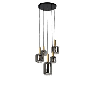 QAZQA Qazqa Moderno L&aacute;mpara Colgante Negra Con Dorado Y Cristal Ahumado Con 5 Pucc - Zuzanna Vidrio /acero Redonda Adecuado Para Led Max. 5 X 3.5 Watt