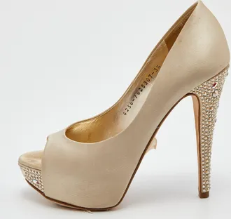 Gina Cream Satin Crystal Embellished Heel Open Toe Platform Pumps