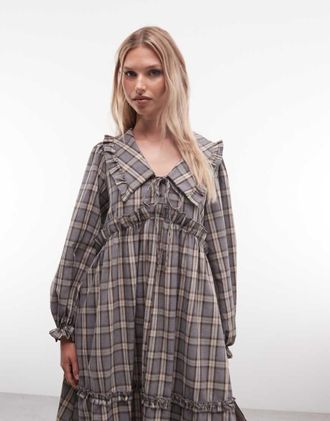 Daisy Street vestito lungo smock a maniche lunghe con colletto ampio a quadri grigio blu