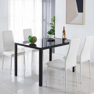 Kosy Koala Black Glass Table with 4 White Faux Leather Chairs | Size: 120 cm x 70 cm