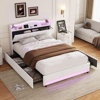 OEM Cama Doble - Tama&ntilde;o Queen 160x200 Cm - Terciopelo Beige - 4 Cajones Y Cabecero Con Almacenamiento - Led Multicolor + Usb/type-c