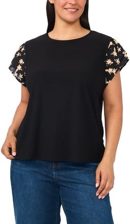 CeCe by Cynthia Steffe Eyelet Tiered Ruffle Sleeve Stretch Crepe Top in Rich Black at Nordstrom, Size 1X
