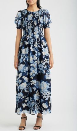 Anne Klein Smocked Puff Sleeve Maxi Dress in Dutch Blue Multi at Nordstrom, Size X-Large