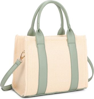 Generic Vegan Leather Straw Tote Bag, Convertible Crossbody Shoulder Bag, Uni Bag 26x21x13 cm (Green)