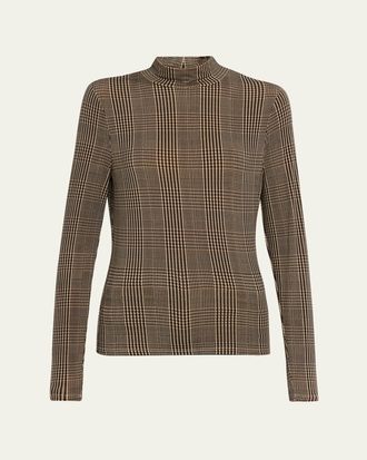 Veronica Beard Nate Houndstooth Mock-Neck Top