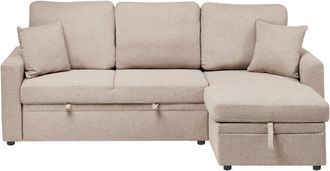 Beliani Corner Sofa Bed 3 Seater NASSJO Faux Linen Light Brown with Storage Left Hand