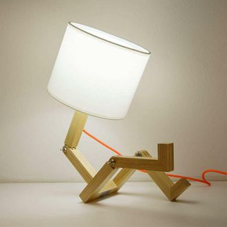 OEM L&aacute;mpara De Mesa Led De Madera Con Forma De Robot Articulado Y Pantalla De Tela Blanca, Ideal Para La Mesita De Noche O La Habitaci&oacute;n De Estudio De Los