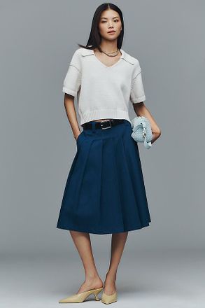 Maeve Collared V-Neck Ribbed Hem Short-Sleeve Sweater