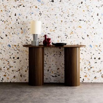 Sweeek Scandinavian Oval Console With Grooved Wooden Effect in Walnut