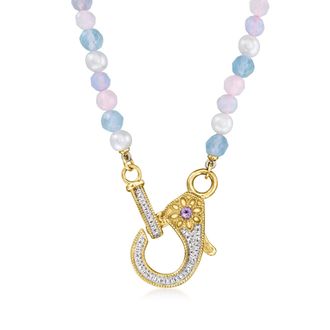 Ross-Simons Pastel Multi-Gemstone Bead, 4-4.5mm Cultured Pearl and. Diamond Lobster Clasp Necklace in 18kt Gold Over Sterling