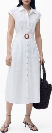 Mango Floral Embroidered Cap Sleeve Cotton Shirtdress in White at Nordstrom Rack, Size 14