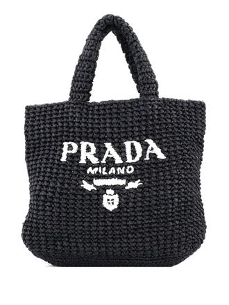 Prada Logo Raffia Small tote bag - women - Raffia/COTTON/ STRAW - One Size - Black