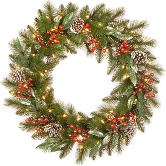 National Tree Company 30In Frosted Pine Berry Collection Wreath With 50 Warm White Battery Operated Led Lights & Ti