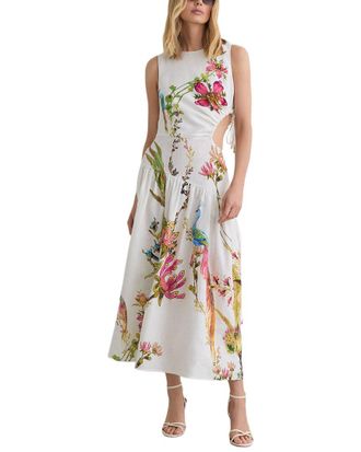 Reiss Bianca Linen Floral Print Cut Out Midi Dress
