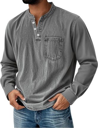 Generic Mens Shirts Henley Shirts for Men Water Washed Long Sleeve Rugby Polo Shirt Casual Distressed V Neck Pullover Sweatshirts Pocket Grey 5X-Large