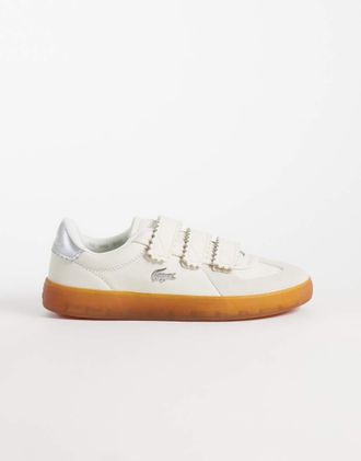 Lacoste baseshot pro sneaker con chiusura a strappo e suola in gomma, color crema e argento-Multicolore