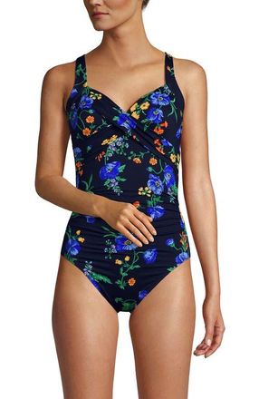 Lands End Sweetheart Underwire Wrap One Piece Swimsuit in Navy/tossed Poppy Floral at Nordstrom, Size 10P