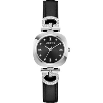 Guess Crystal G-Logo Leather Strap Watch, 28mm in Black at Nordstrom