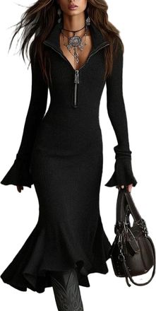 Generic Womens Knitted Bodycon-Dress Quarter Zipper Bell Sleeve Sweater Dress Fish Tail Maxi Dresses Long Sleeve Dress Black L