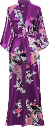 Babeyond Womens Kimono Robe Long Robes With Peacock and Blossoms Printed - Purple