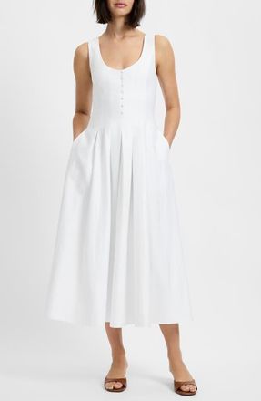 French Connection Pleated Sleeveless Sateen Midi Dress in Summer White at Nordstrom, Size 12