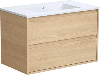 Vente-Unique Mueble de ba&ntilde;o flotante con lavabo encastrable - Chapado en roble - 80 cm - MILIPAM