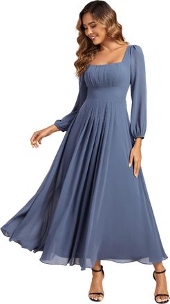 Ever-pretty Womens Bridesmaid Dress Chiffon Long Sleeve Square Neck Empire Waist Dusty Blue 28
