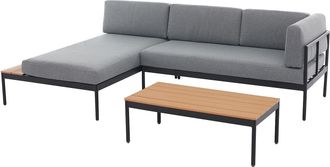 Vente-Unique Sal&oacute;n de jard&iacute;n de aluminio: sof&aacute; rinconera y una mesa de centro - Natural claro y cojines antracita - GUIOMAR de MYLIA