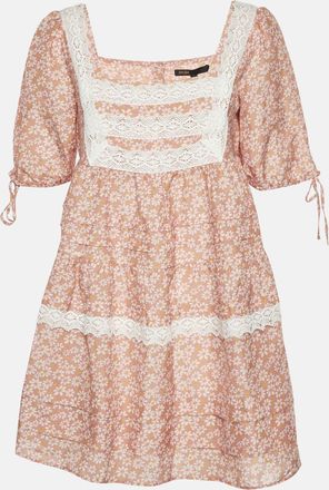 Maje Pink Floral Print Linen Blend Lace Trim Dress