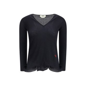 Fendi Womens Ribbed Vneck Long Sleeve Top - Black Viscose - Size Medium